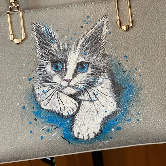 Cat Hand Painted Vegan LaTerre brand Convertible Shoulder Bag NWT